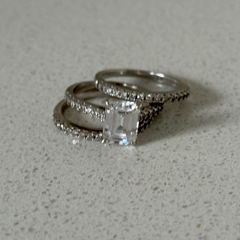 Berricle 3 Ring Emerald Cut Wedding Set - Sterling Silver & CZ Size 7